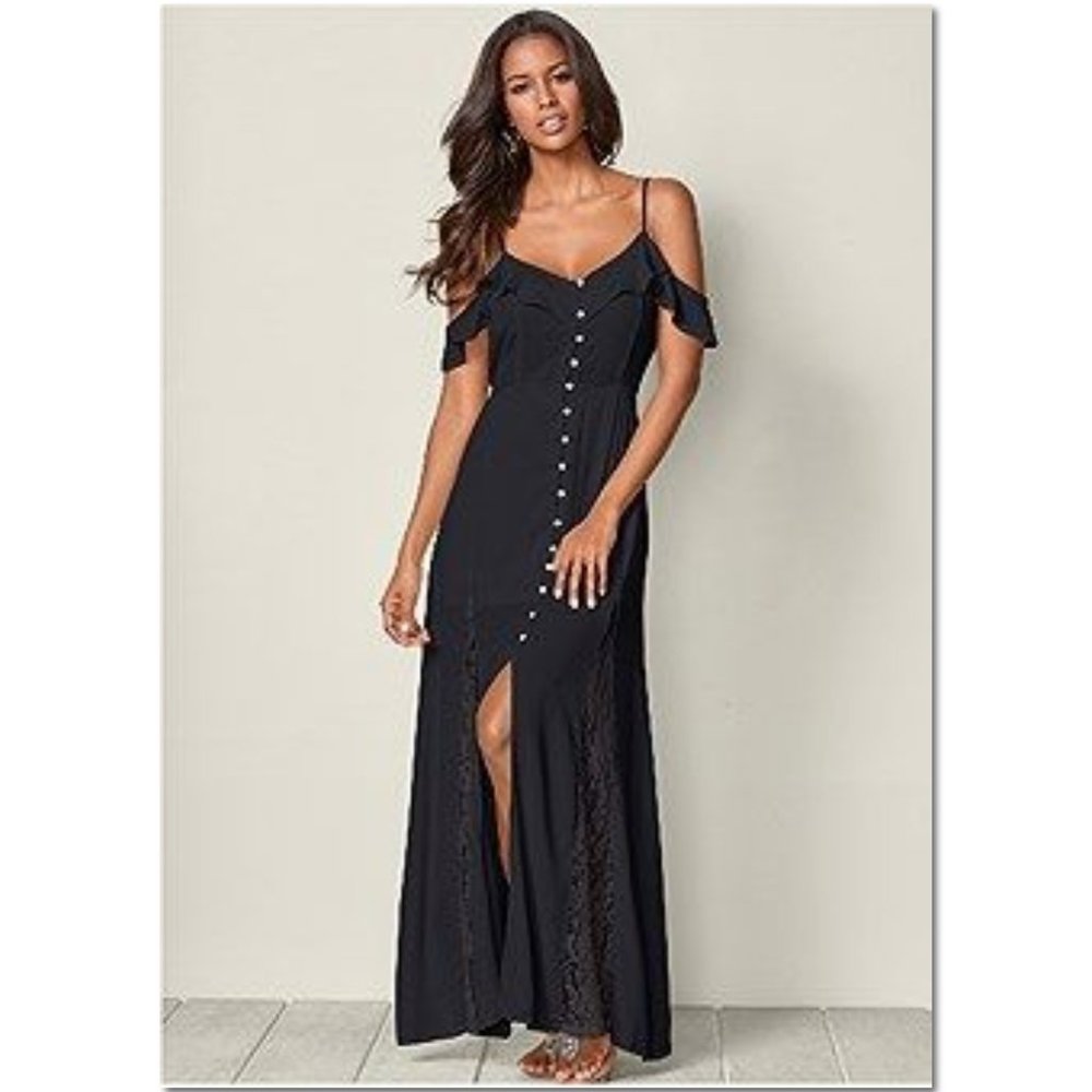 Venus Cold Shoulder Maxi Dress With Lace Size Small Black New